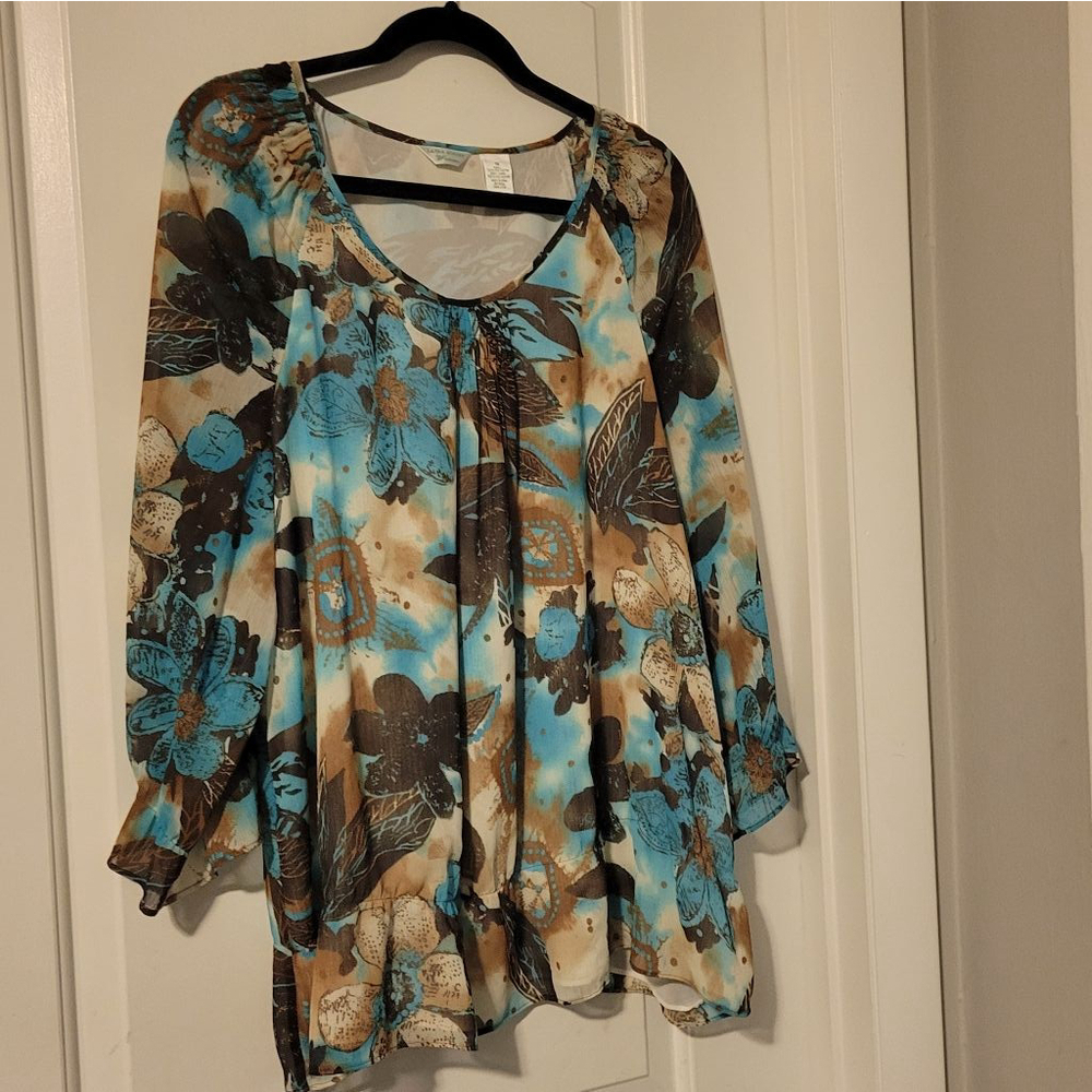 Laura Ashley Turquoise and Brown Floral Blouse 1X